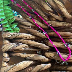 Boho Happy Daisy Necklace - Fuschia Pink+GreyTones